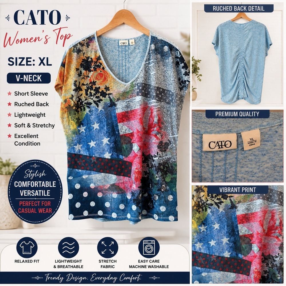 Cato Womens XL V-Neck Top Short Sleeve Ruched Back Americana Floral Mixed‎ Print